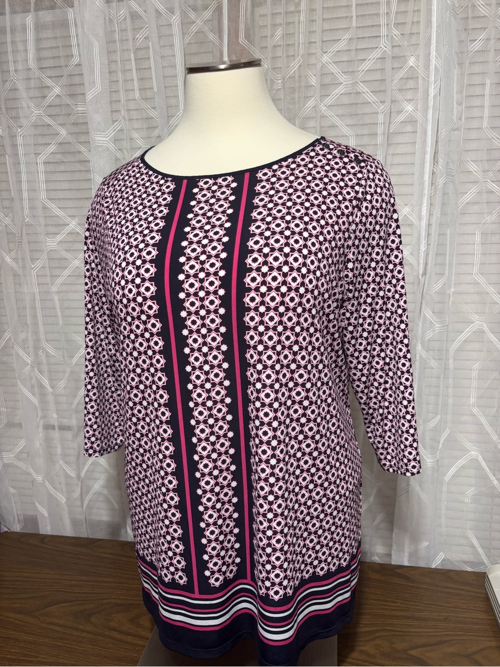 Croft &Barrow 2X Women's Pink Patterned Boatneck Tunic 3/4L sleeve 27 p2p 30”L